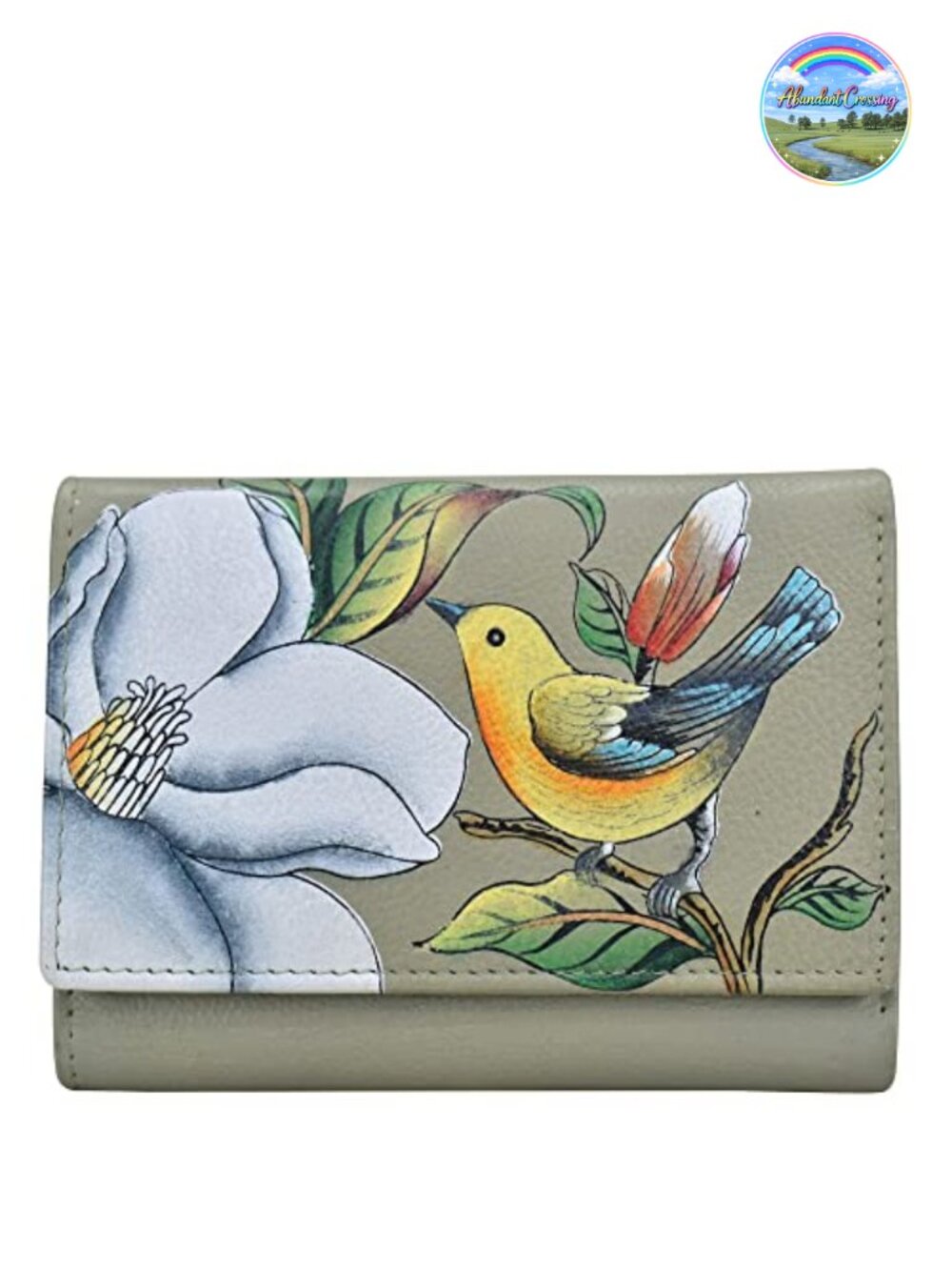 Hand-Painted Genuine Leather Tri-Fold Wallet with Snake Clasp, 7 Card Slots &